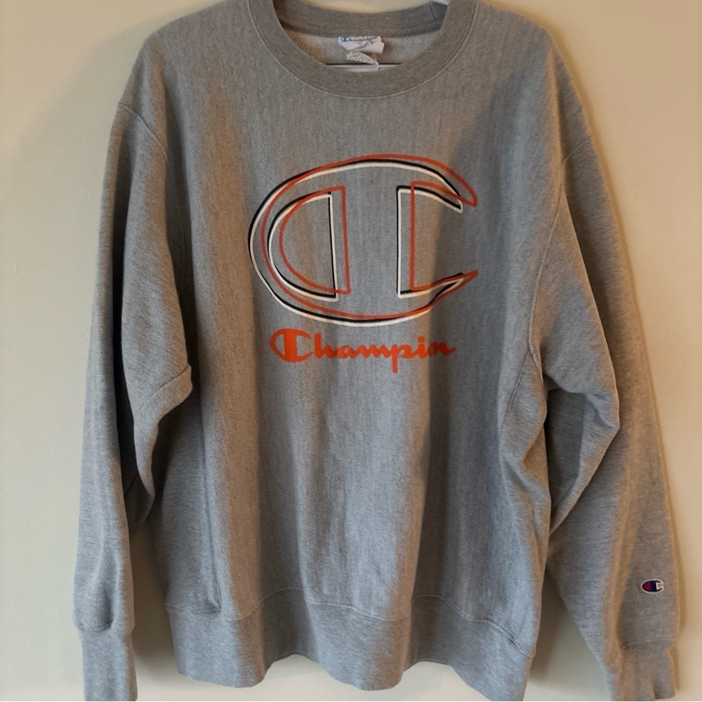 Champion Gray Crewneck Sweater with Orange Logo - Picture 5 of 9